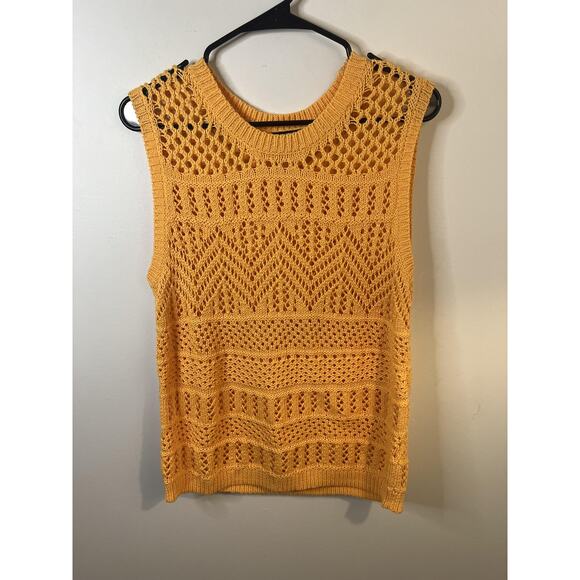 Talbots Sweater Womens Petite Medium Yellow Sleeveless Open Knit Crochet Shell - Picture 1 of 5